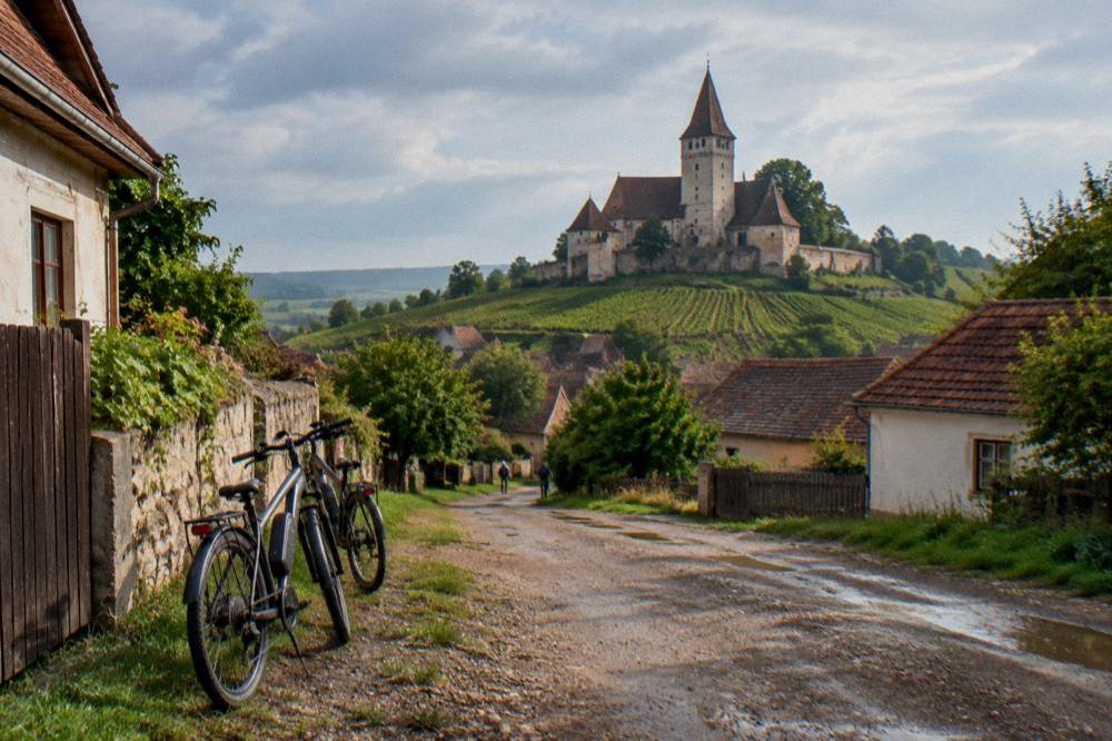 Electric bicycles parked on a dirt road between Transylvanian village houses