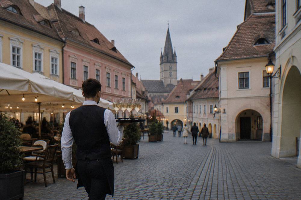 A waiter carrying a tray of wine glasses through an evening old town street