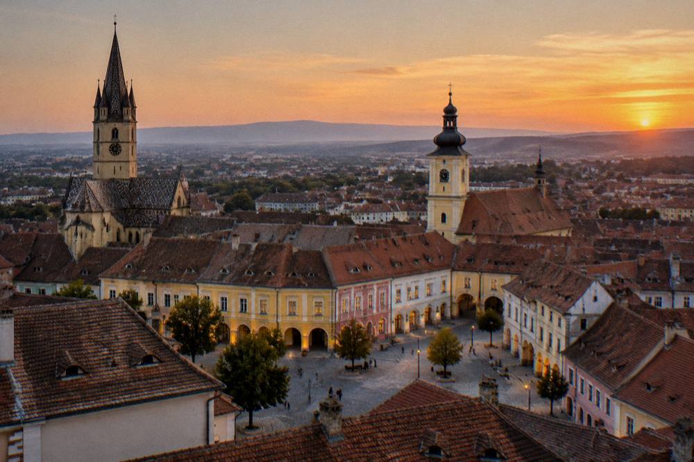 An evening panorama of Sibiu old town with lit church towers over the Lower Town roofs