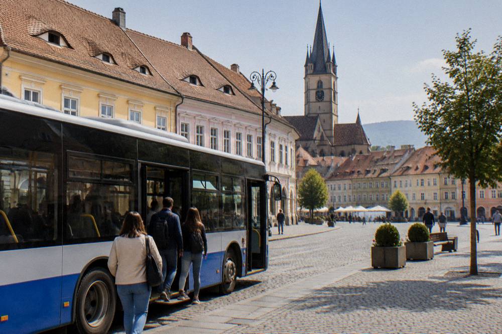 A city bus parked at a stop near the historic centre of Sibiu with passengers boarding