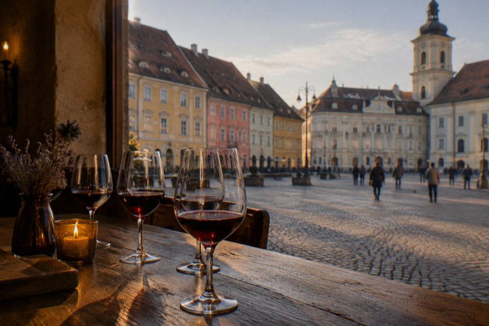 Glasses of red Romanian wine arranged on a wooden table in a candle-lit tasting room