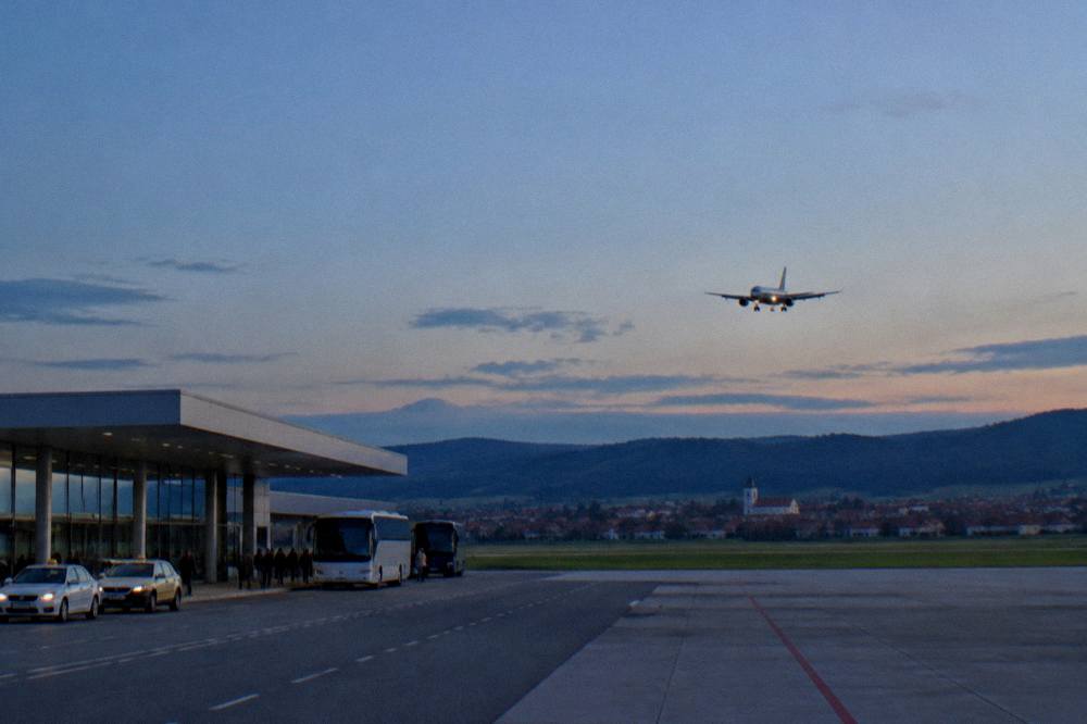 An aircraft on final approach above a red-roofed Transylvanian town at golden hour