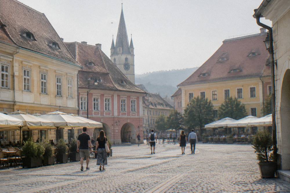 Pedestrians crossing a small historic square lined with cafes and coloured facades in Sibiu