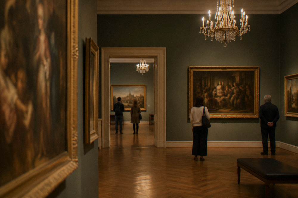Gallery visitors looking at old European paintings in a museum hall with chandeliers