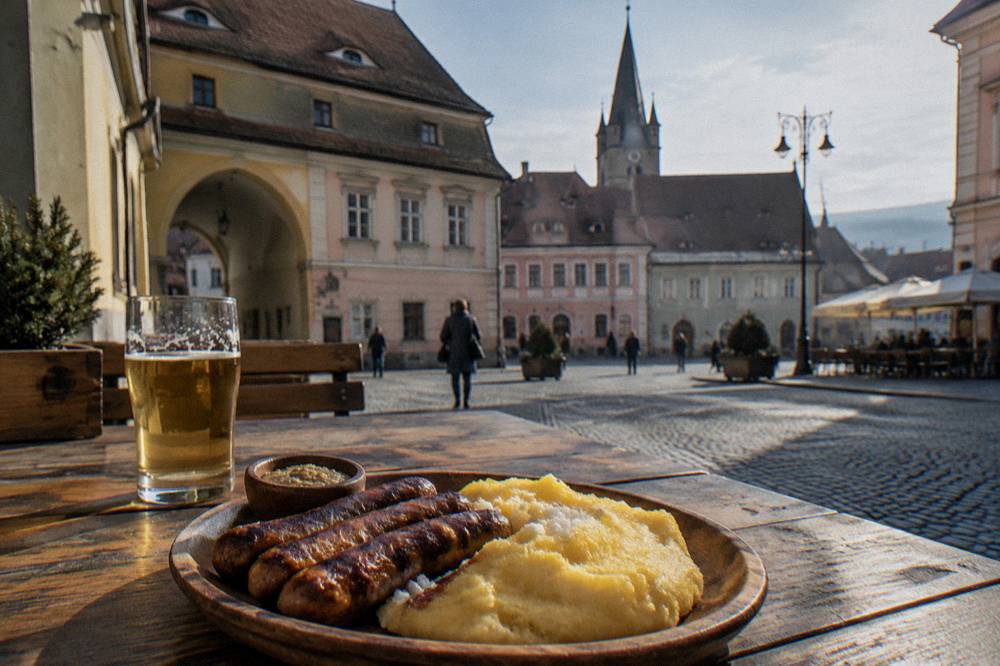 A rustic plate of grilled sausages and polenta on a wooden table in Romania