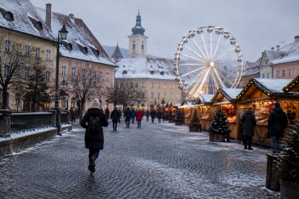 Festive wooden market stalls and a Ferris wheel in a snowy town square at dusk