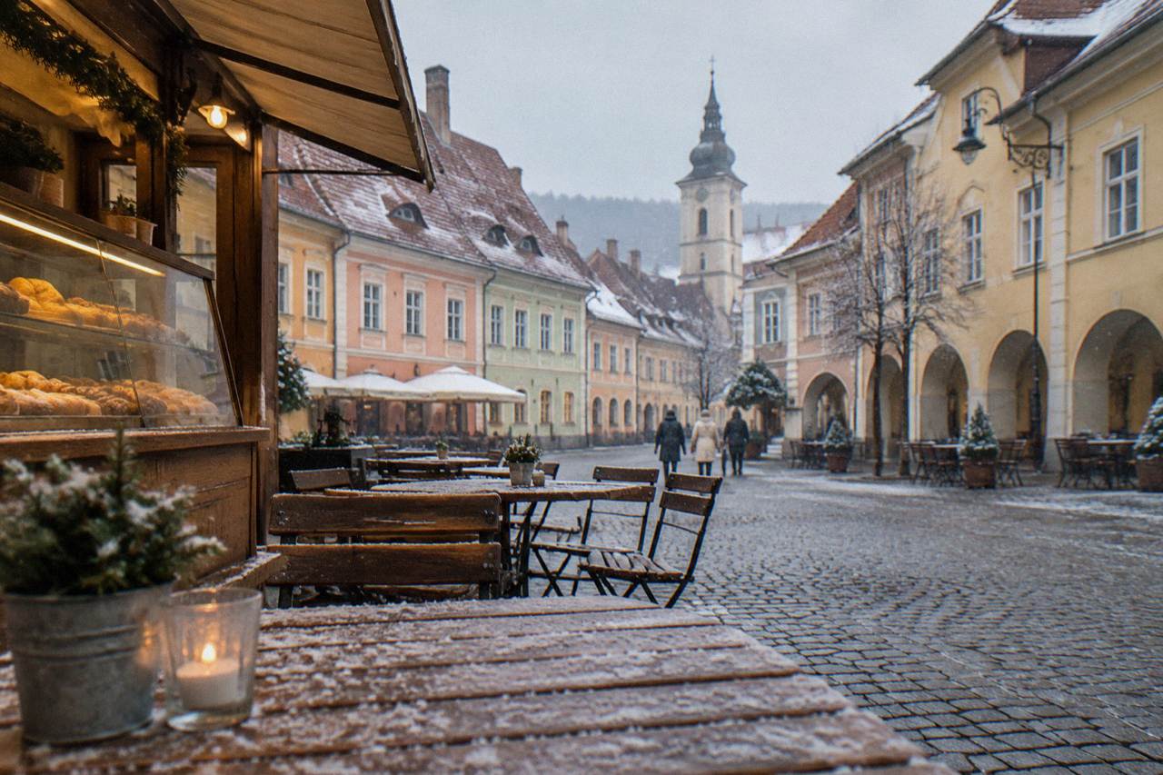 Cafe tables and a bakery counter in a colour-washed old town street