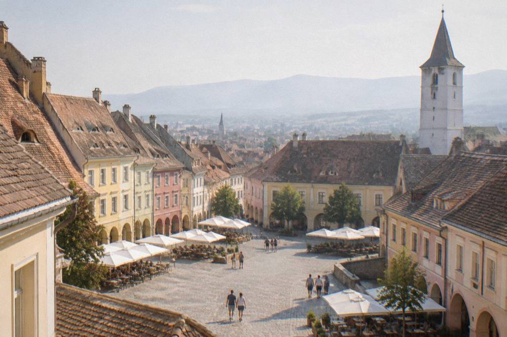 Small square with cafe umbrellas and a medieval stone tower rising above the rooftops