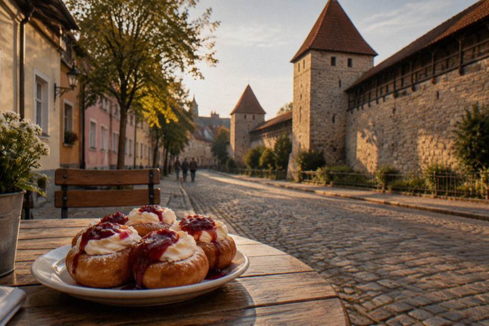 Plate of fried cheese doughnuts topped with sour cream and red jam on a cafe table
