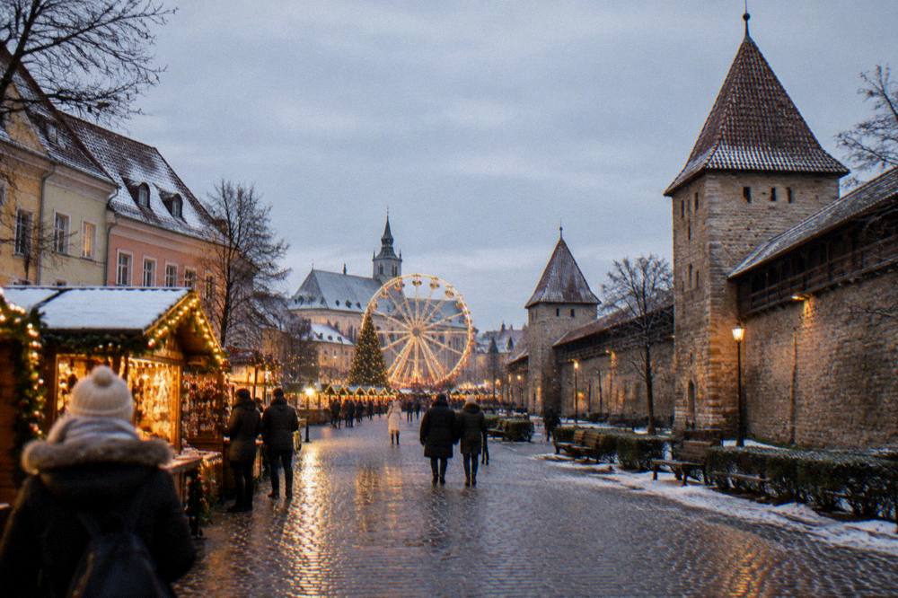Christmas market stalls and a ferris wheel on a grand square at dusk with lights reflecting on wet cobblestones