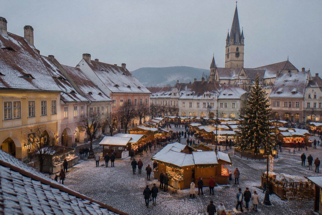 Christmas market stalls and lights in the Grand Square of Sibiu at dusk