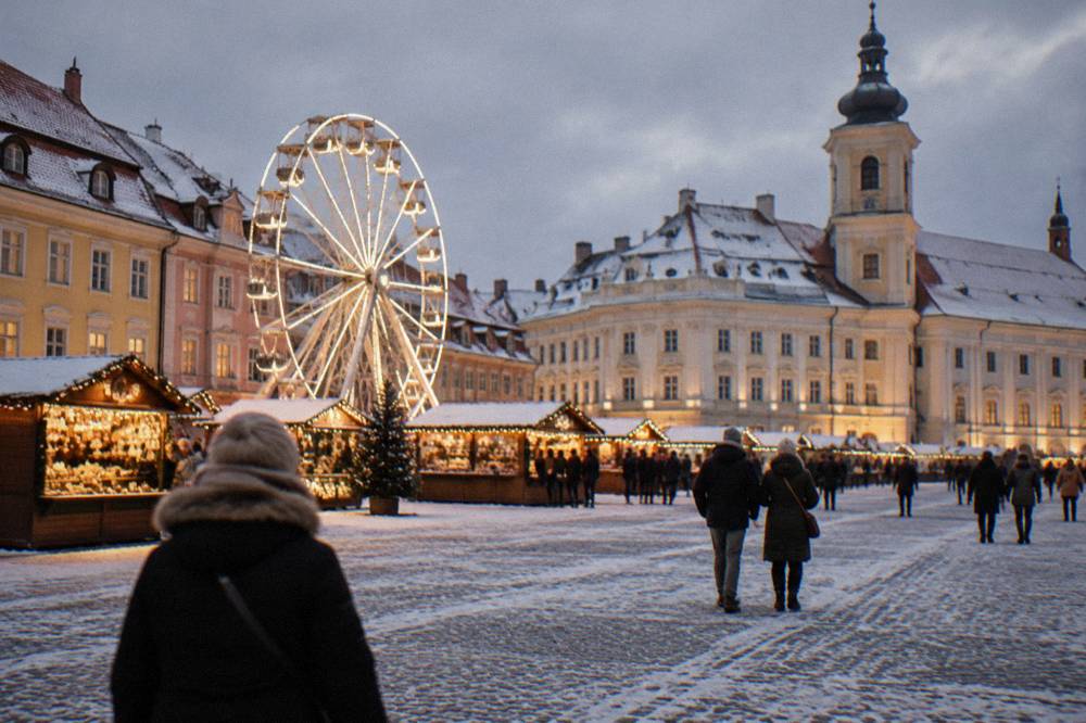 Ferris wheel and illuminated stalls in a snowy Grand Square at night
