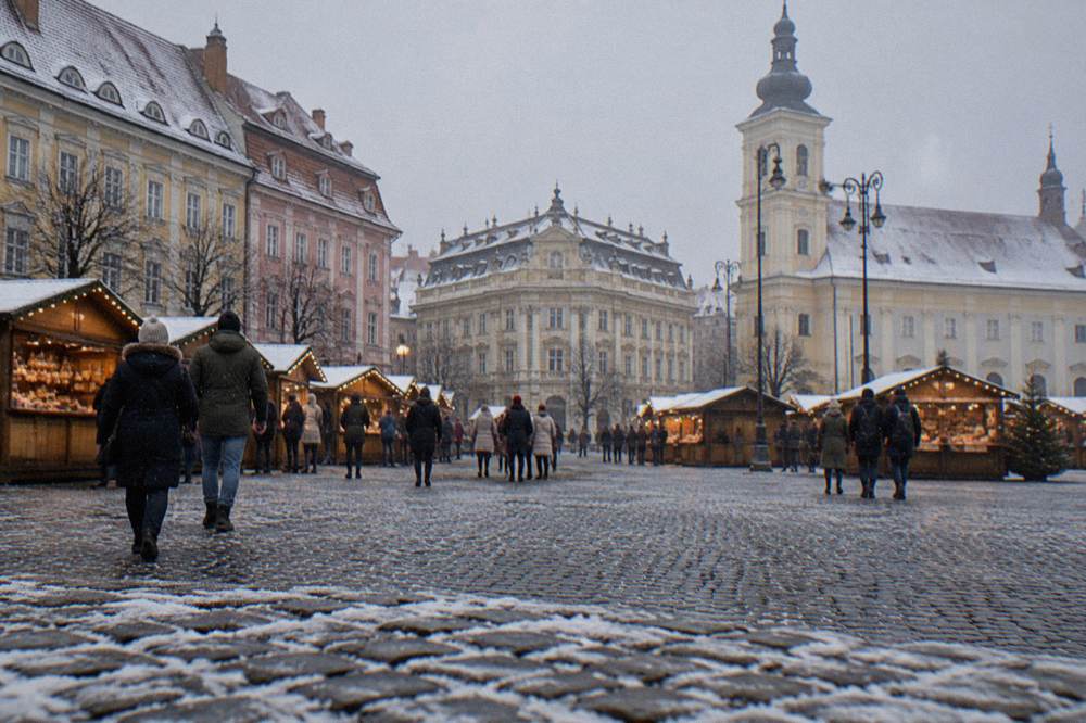 Visitors in winter coats walking between lit wooden huts in falling snow