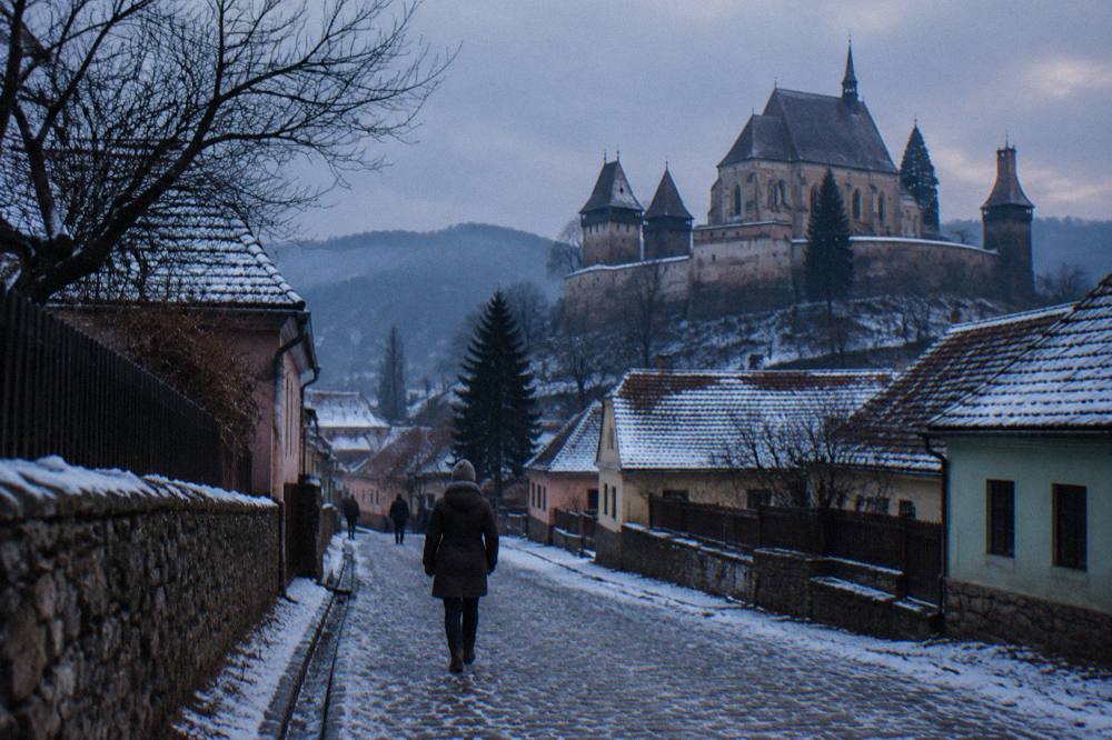 Fortified church with towers in a snow-dusted Transylvanian village