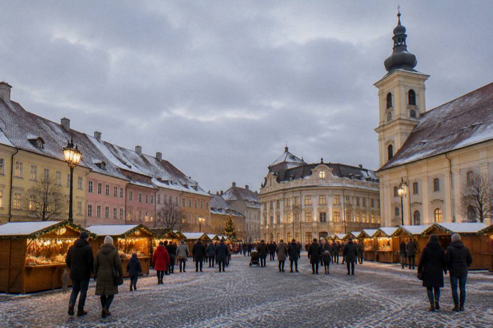Families and couples browsing festive wooden stalls in a lit square in the evening