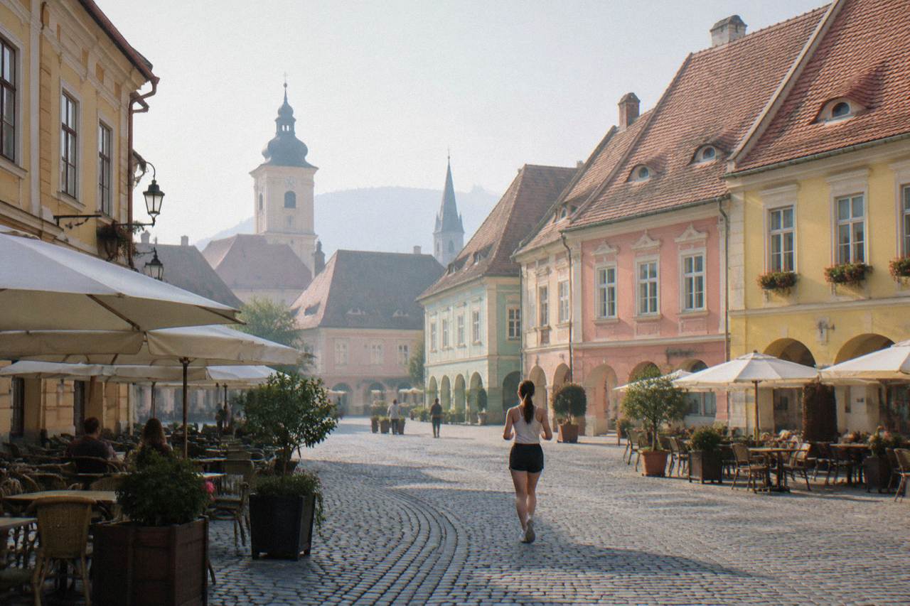 Colourful baroque houses and cafe tables along the square in central Sibiu