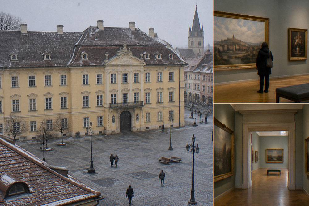 Gallery rooms with framed paintings inside the Brukenthal Palace museum