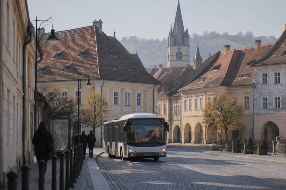 A city bus pulling up at a stop on a street in Sibiu