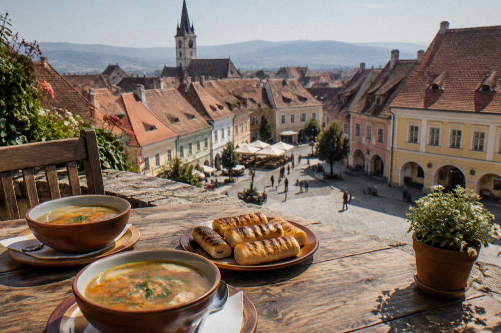 A rustic table with bowls of traditional Romanian soup and grilled rolls