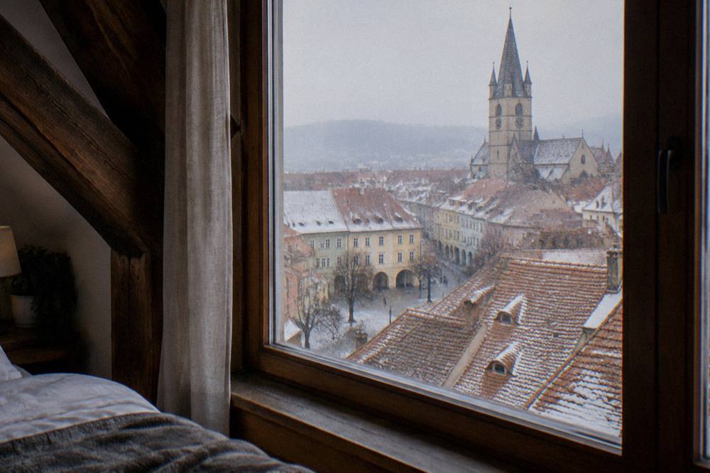 A guesthouse room with wooden beams and a view over rooftops in Sibiu
