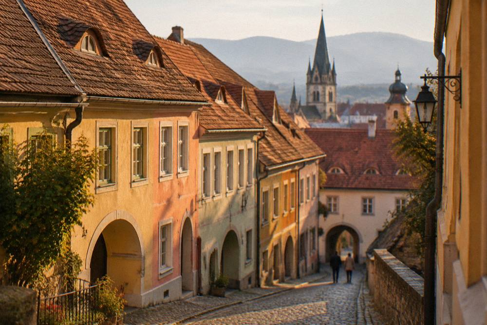 A narrow cobbled street with colourful houses and roof windows in Sibiu old town