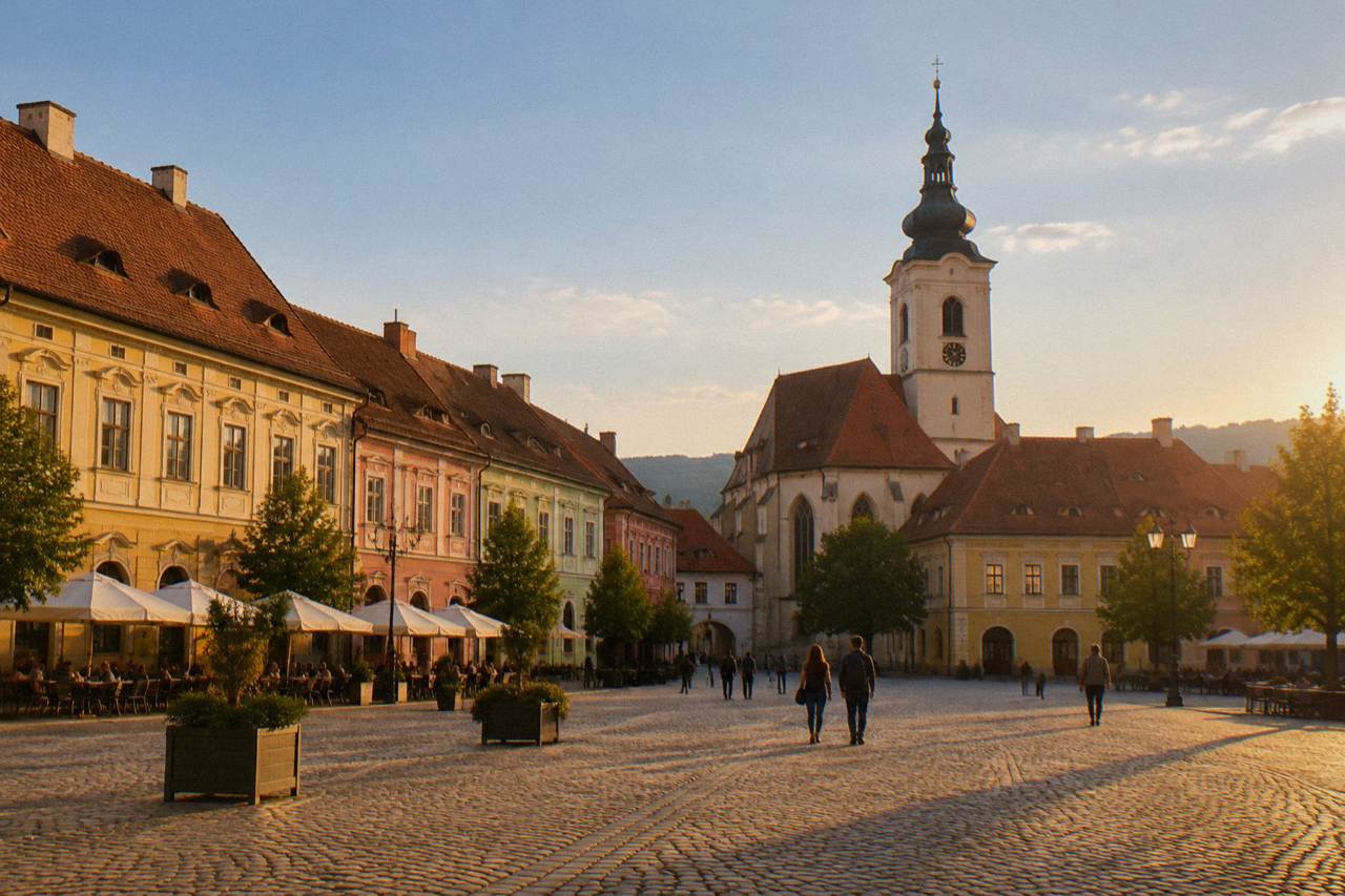 Cobblestone square in the Sibiu old town with colourful baroque buildings and a church tower in the background