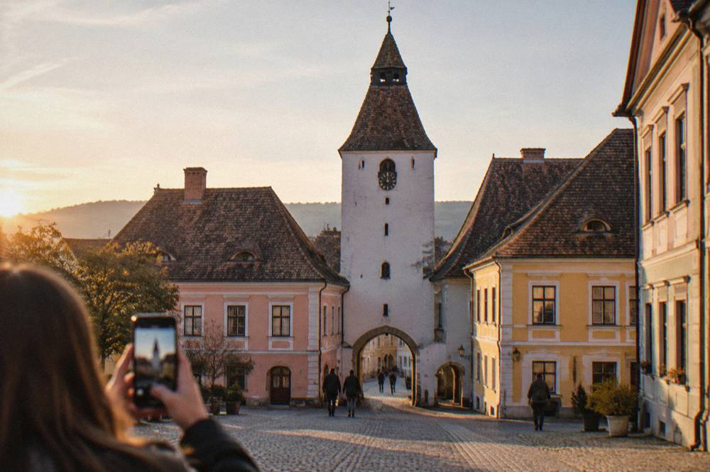 Person holding a phone showing a map while standing in a narrow Sibiu street with the Council Tower ahead