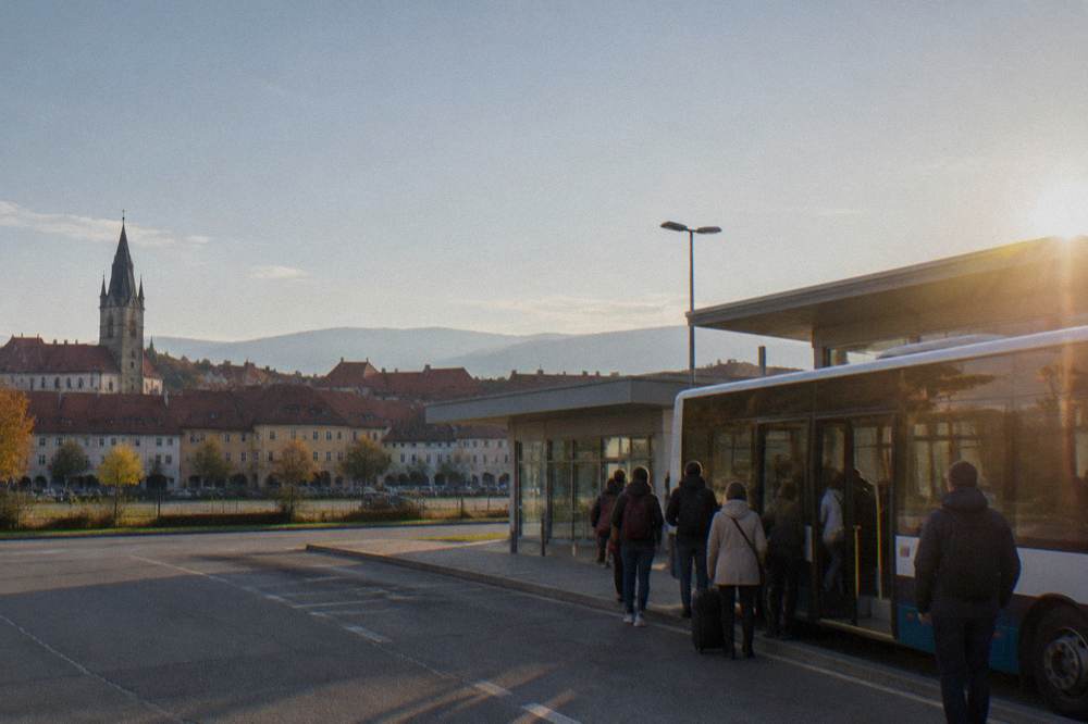 Bus stop outside a small regional airport terminal with passengers boarding a city bus
