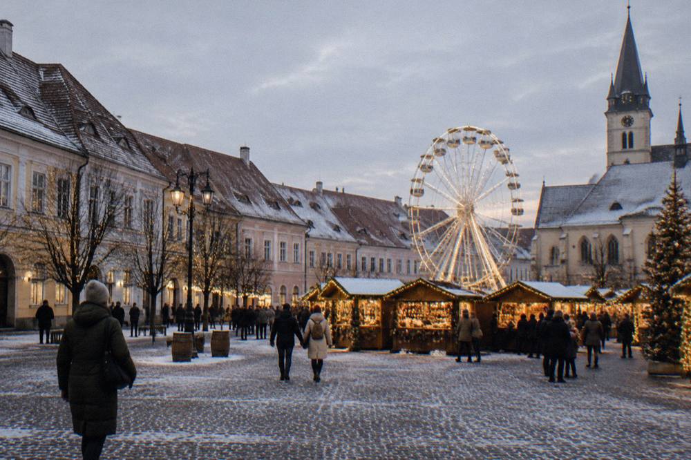 Evening view of a lit Christmas market in a large European square with a ferris wheel glowing above wooden stalls