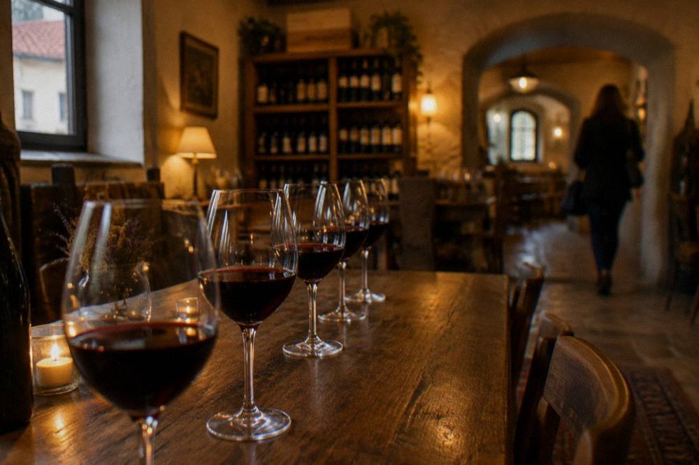 Cosy interior of a wine tasting room with glasses of red wine lined up on a wooden table