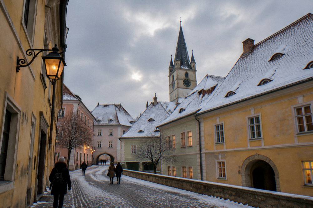 Snow-covered rooftops of the Sibiu old town under a pale winter sky with warm window lights