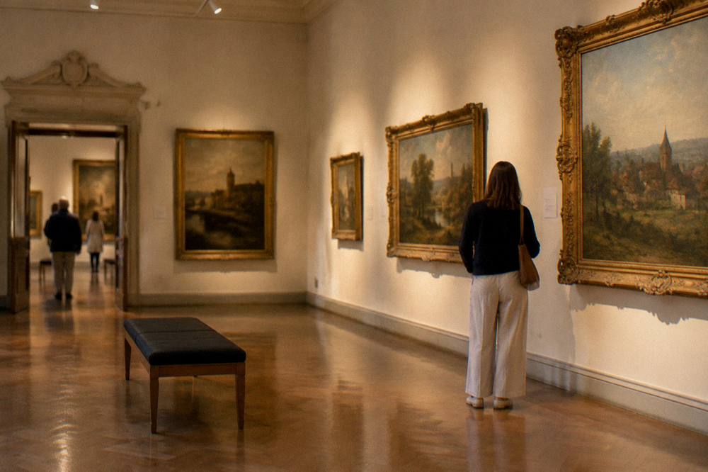 A baroque palace art gallery interior with gilded frames along a lit wall
