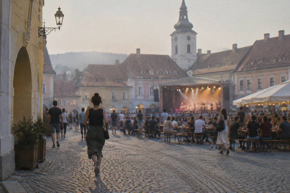 An evening festival crowd gathered in a lit old town square with a stage