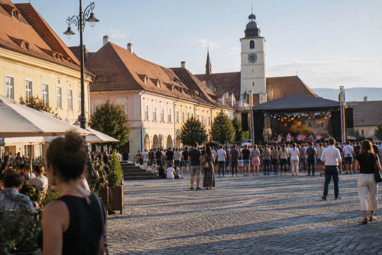 Crowds gathered in a large medieval square in Sibiu during an evening festival event