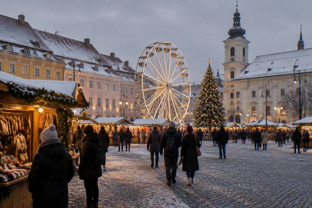 A Christmas market at night with a Ferris wheel, wooden stalls and lights over a snowy square