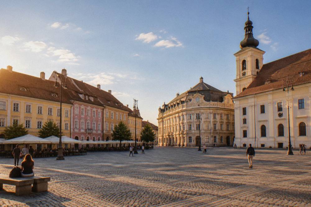 Colourful baroque buildings along Piața Mare in Sibiu on a bright day