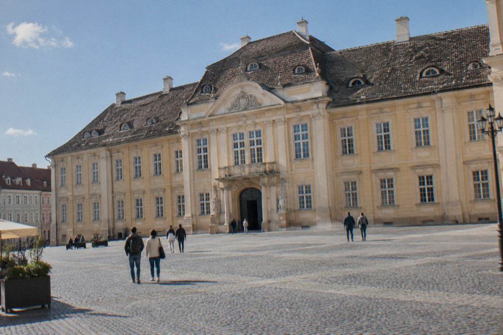 Baroque palace facade of the Brukenthal Museum on a main square