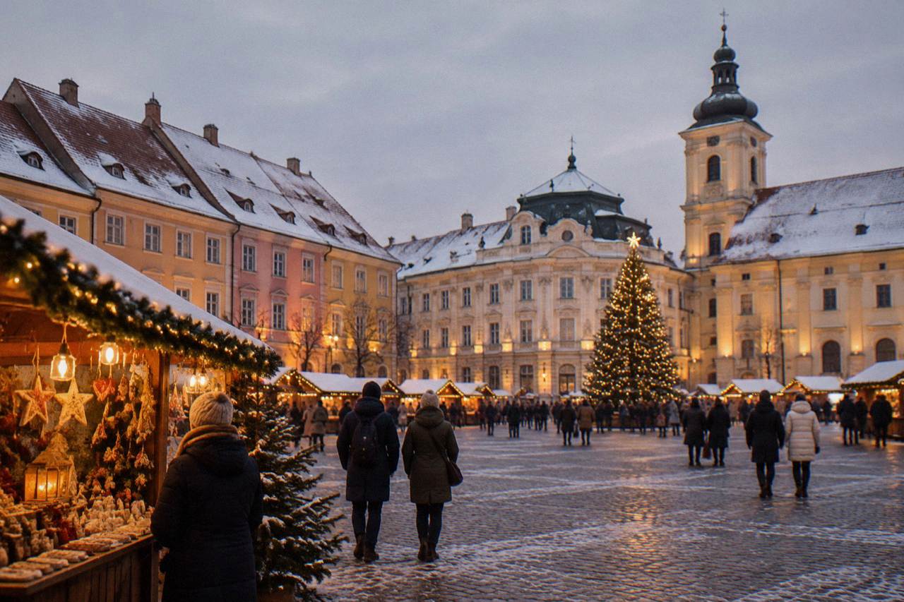 Sibiu's Piața Mare square at dusk with the Christmas market lit up and snow on the rooftops
