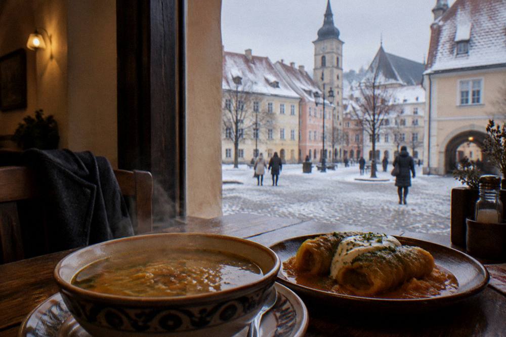 A bowl of hot sour soup and cabbage rolls on a restaurant table in a warm old-town interior in Sibiu
