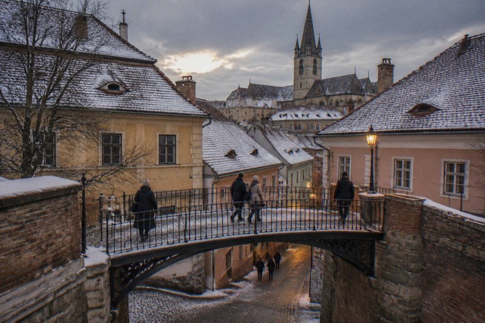 The lit Bridge of Lies and old town rooftops of Sibiu seen at night after snowfall