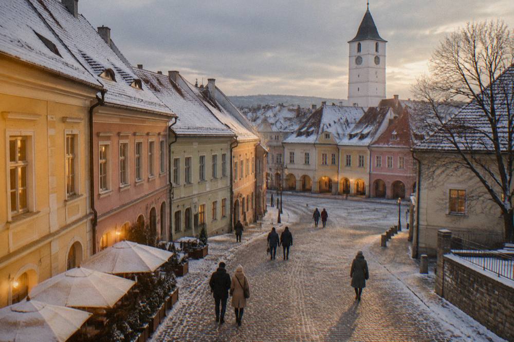 A quiet snow-dusted street in Sibiu's Lower Town with warm windows in early evening