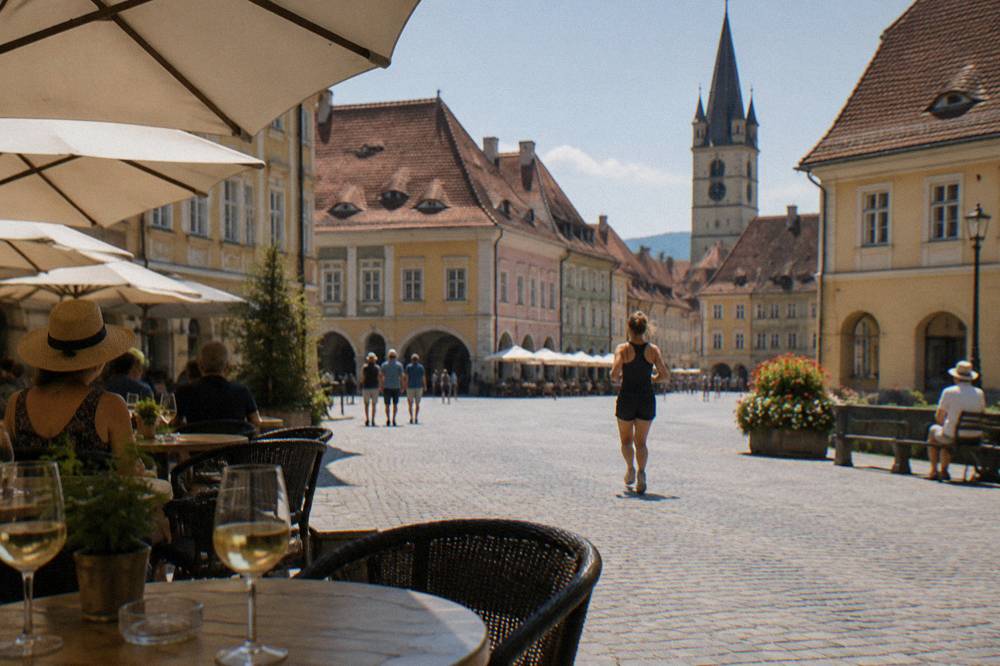 A shaded terrace with glasses of Romanian wine on a Sibiu square