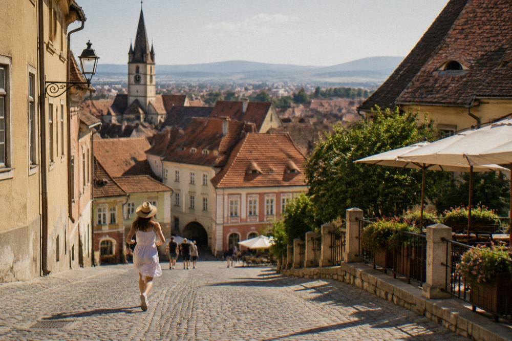Golden evening light over Sibiu rooftops seen from a hillside