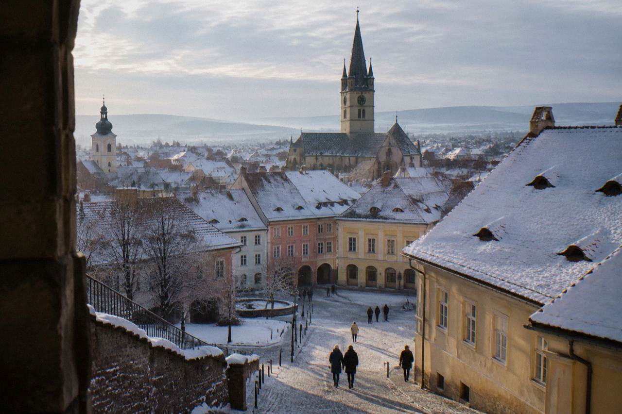 Snow-covered rooftops and church spires of Sibiu old town seen from above on a clear winter morning