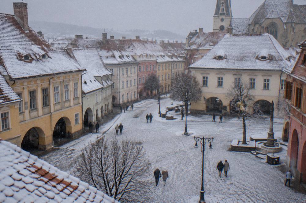 Fresh snow lying on the cobblestones and coloured house facades of a Sibiu old town square