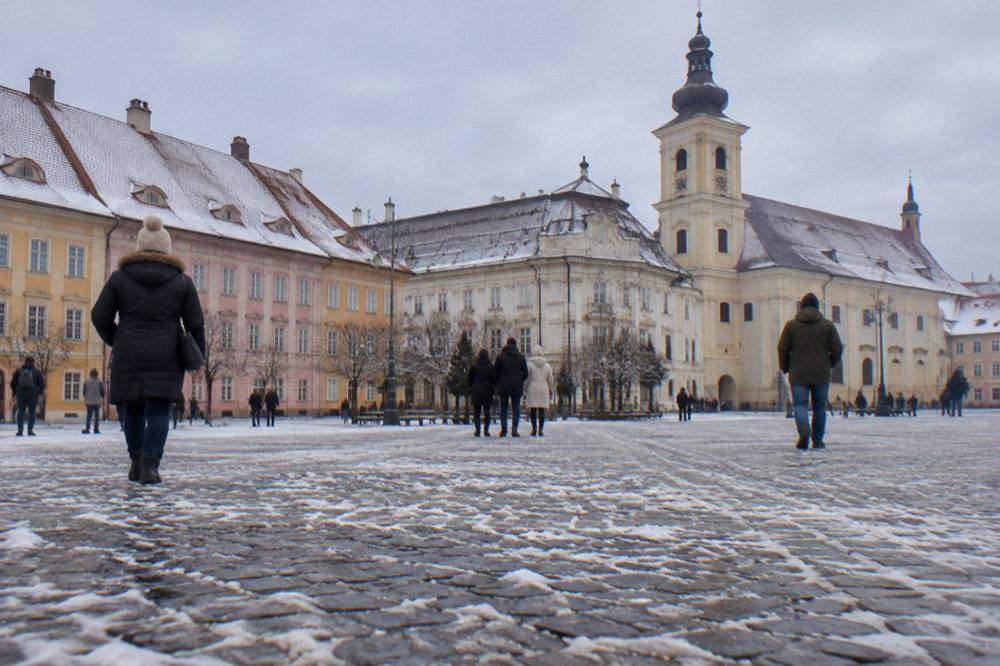 Visitors walking between museum buildings in a snow-dusted open-air folk museum forest clearing
