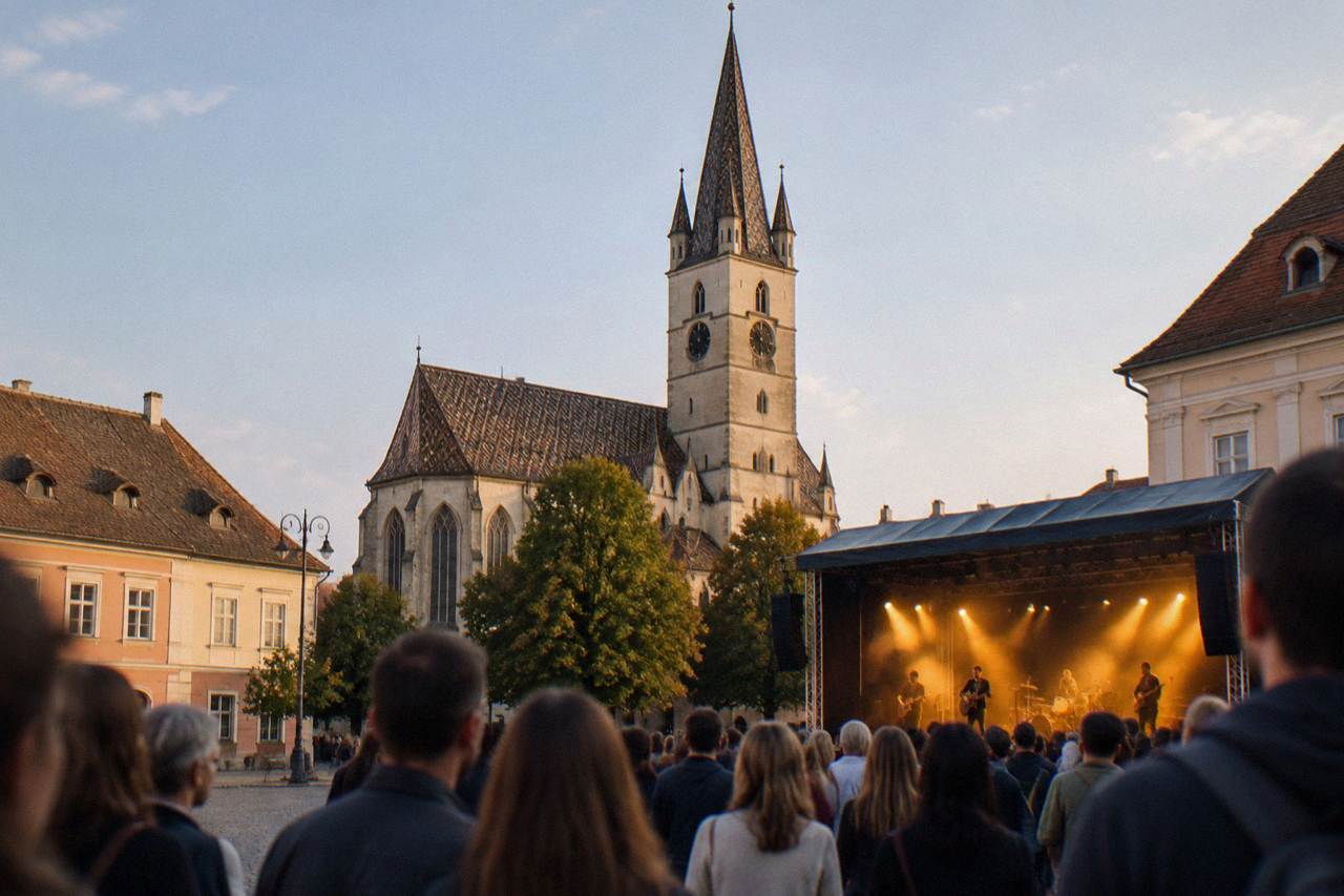 An evening concert crowd gathered in a historic Transylvanian square under warm stage lights