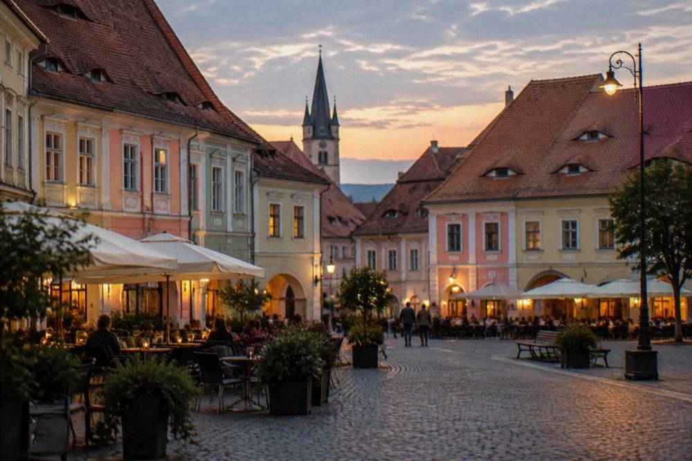 A cobbled square in a Transylvanian old town at dusk with cafe tables and pastel facades