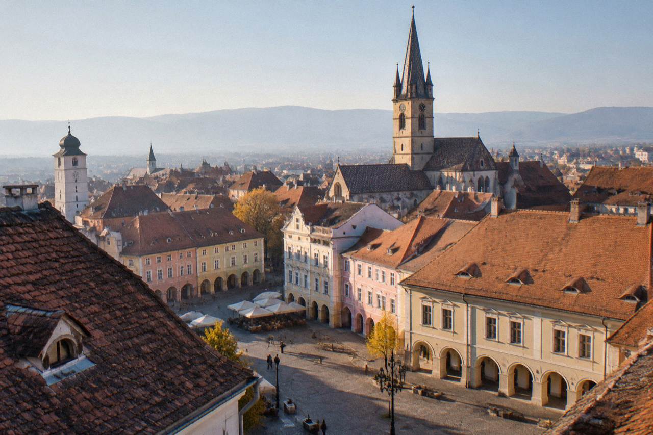 The colourful facades and church spires of Sibiu old town seen from above