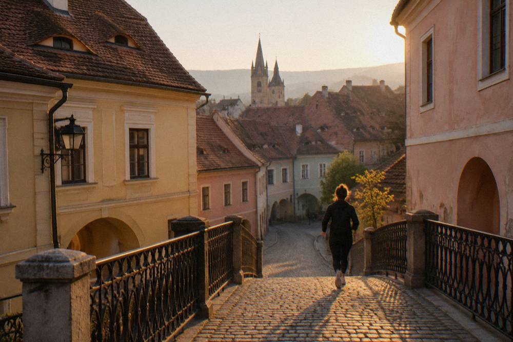 A narrow iron footbridge over a cobbled lane in Sibiu's old town